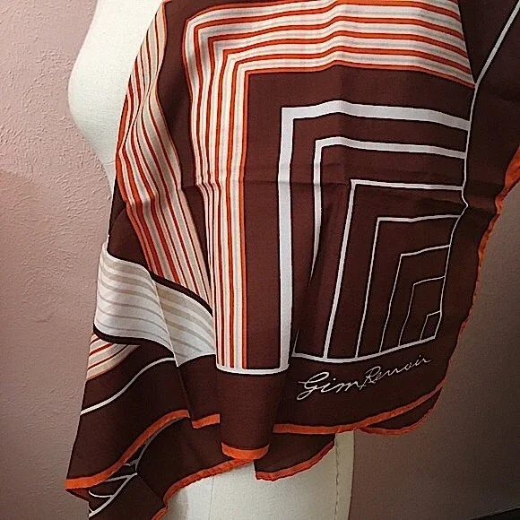 VTG 60 70 Jim Renoir Geometric Print Brown Burnt Orange Large Square scarf - Picture 13 of 16